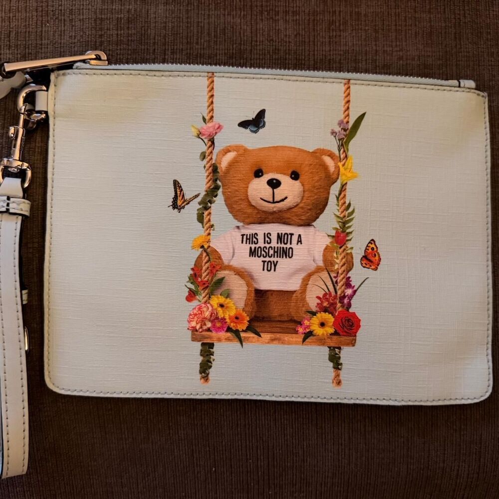 Moschino Couture "Not A Moschino Toy" Teddy Bear Swing Pouch Clutch - Light Blue